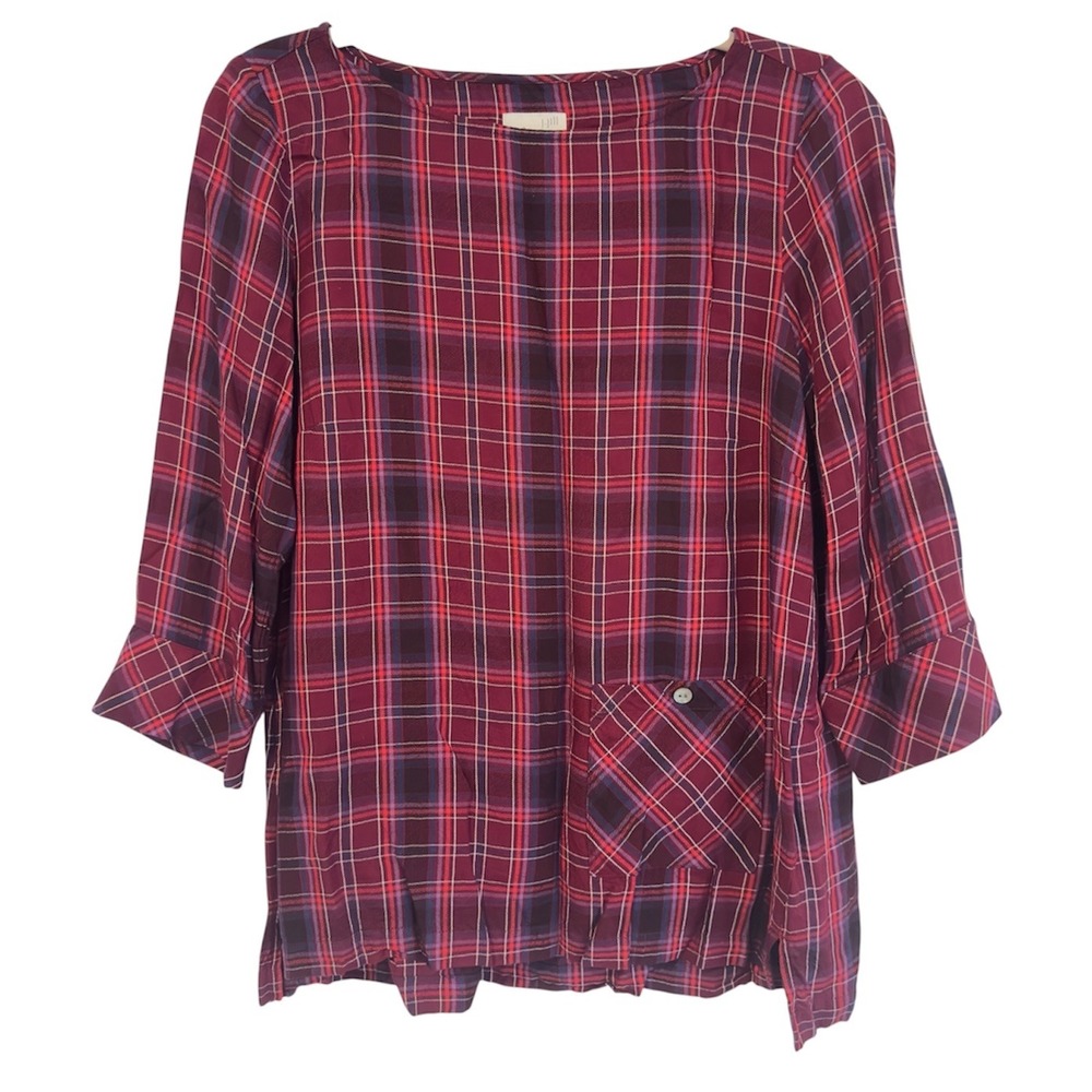 J. Jill Womens Petite Small Plaid Tunic Top Burgundy Purple 3/4 Sleeve Rayon